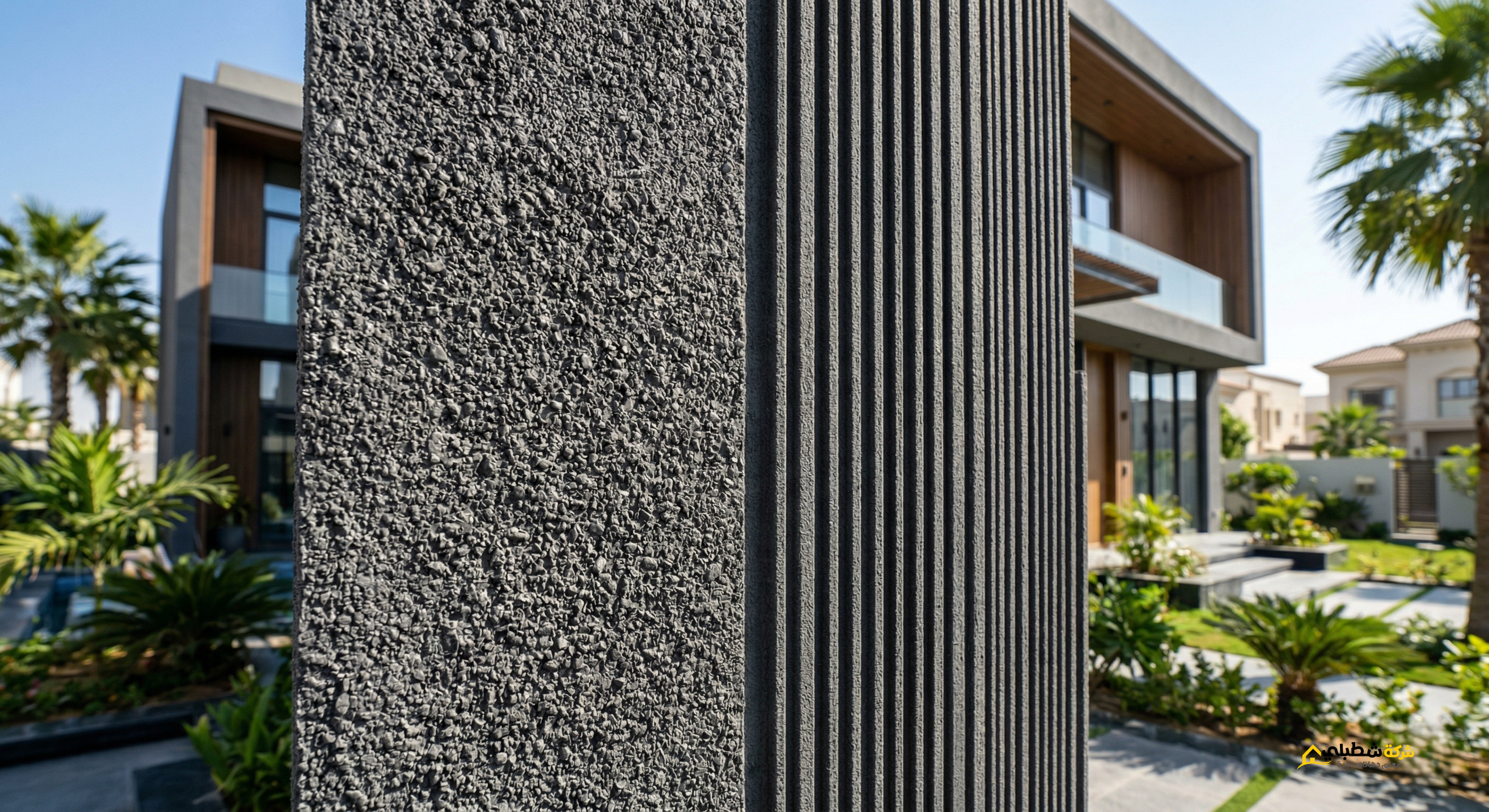 لقطة قريبة توضح الفرق بين ملمس رش الجرافيت الخشن ونقشة دهان البروفايل الطولية في الإضاءة الطبيعية بمدينة جدة.