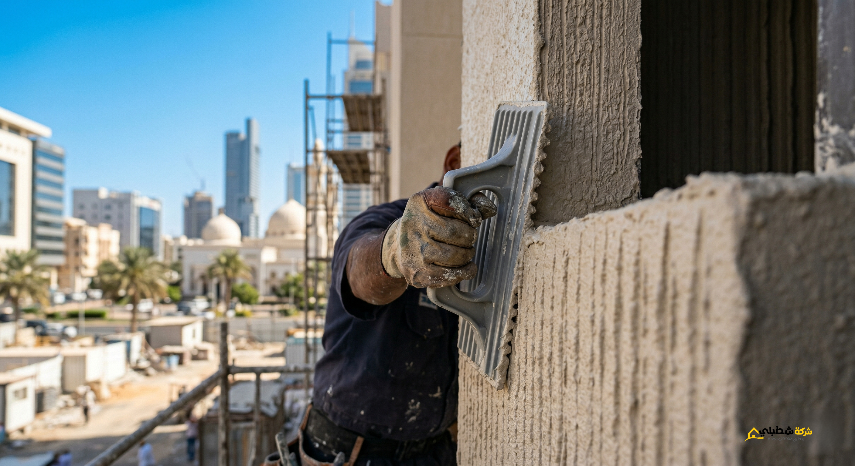 لقطة مقربة تظهر دقة يد معلم دهانات "شطبلي" أثناء تطبيق دهان البروفايل على واجهة منزل بجدة، مع التركيز على عمق النقشة وتساويها لضمان إخفاء عيوب اللياسة تماماً.