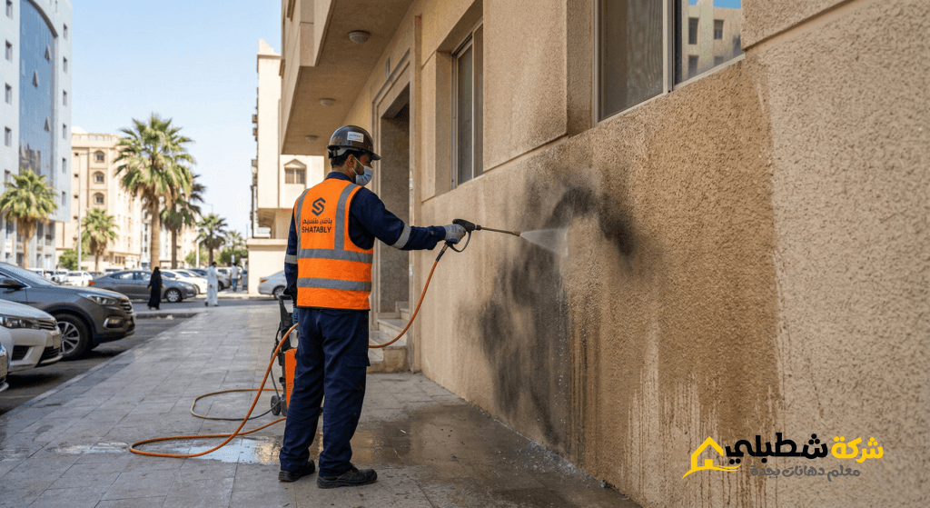 لقطة تفصيلية تظهر متانة وصيانة واجهات الجرافيت في مناخ جدة. عامل صيانة يستخدم خرطوم مياه ذو ضغط منخفض لتنظيف جدار جرافيت بيج محبب برفق، حيث يظهر الغبار المتراكم وهو يُغسل تاركاً خلفه جداراً نظيفاً، مما يثبت مقاومة الدهان للماء والرطوبة العالية.