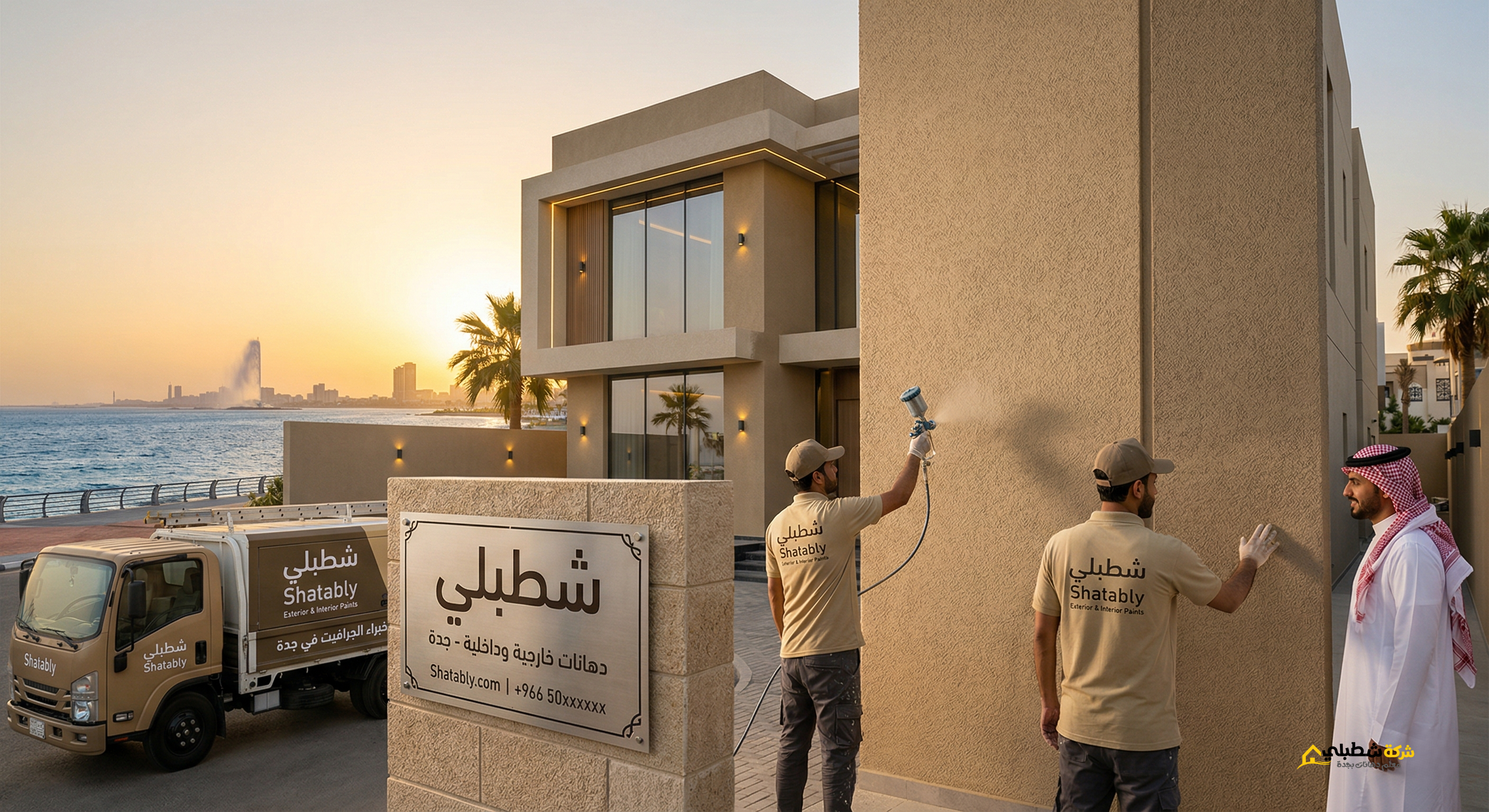 أفضل معلم جرافيت بجدة من فريق شطبلي يقوم برش واجهة منزل حديثة بدهان الجرافيت المقاوم للرطوبة والأملاح.