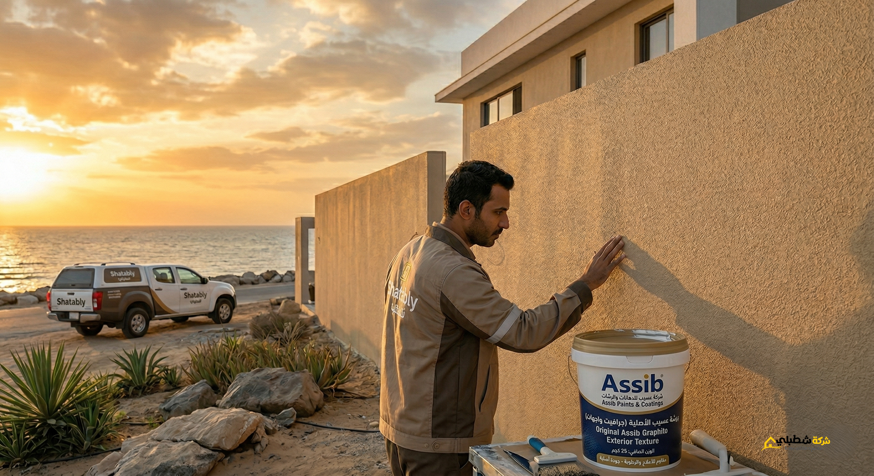 معلم دهانات من شركة شطبلي يلمس واجهة فيلا منفذة بدهان الجرافيت في جدة وقت الغروب لإظهار الملمس والحماية.