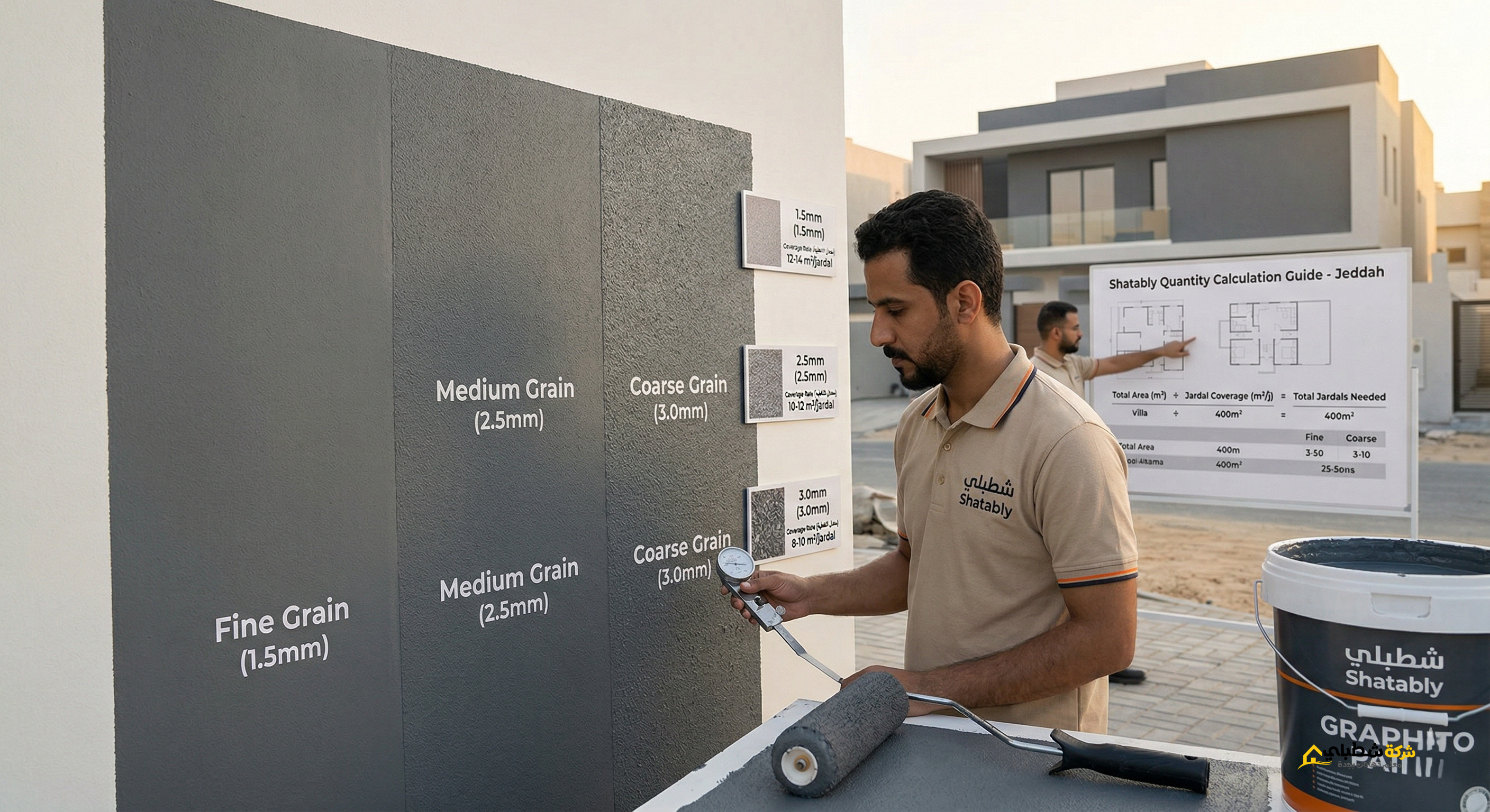 توضيح فني لسماكات حبيبات دهان الجرافيت (ناعم، متوسط، خشن) مع لوحة إرشادية لحساب الكميات المطلوبة للفلل.