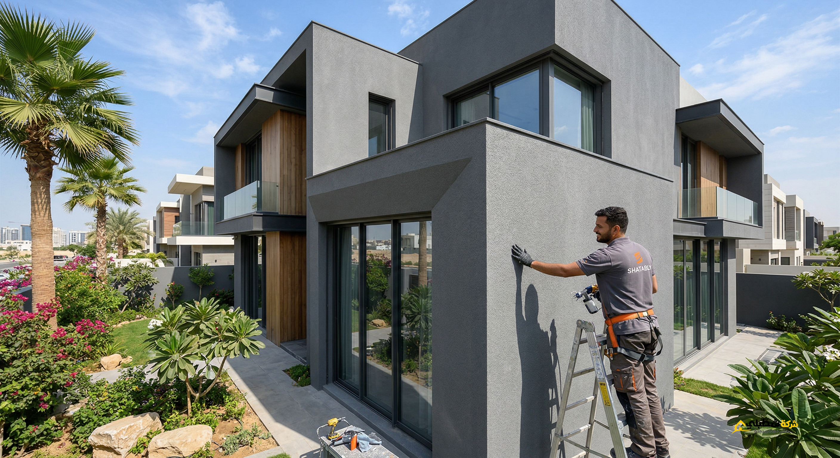 فني محترف من شركة شطبلي يقوم معلم رش جرافيت للفلل في جدة برش الجرافيت الرمادية الحديثة على واجهة فيلا مودرن في جدة باستخدام ماكينة الرش الهوائي.