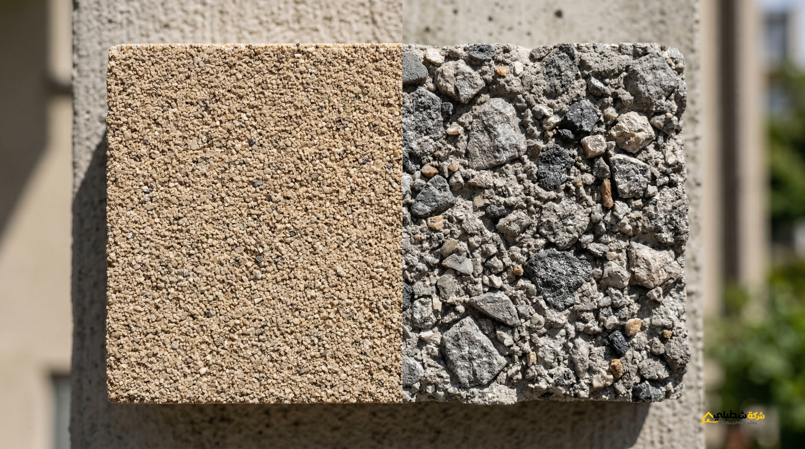 لقطة مقربة تظهر الفرق الجوهري في كثافة وحجم الحبيبات، وهو العامل الأساسي الذي يتحكم في سعر رش الجرافيت الخارجي وشكل الواجهة النهائي.