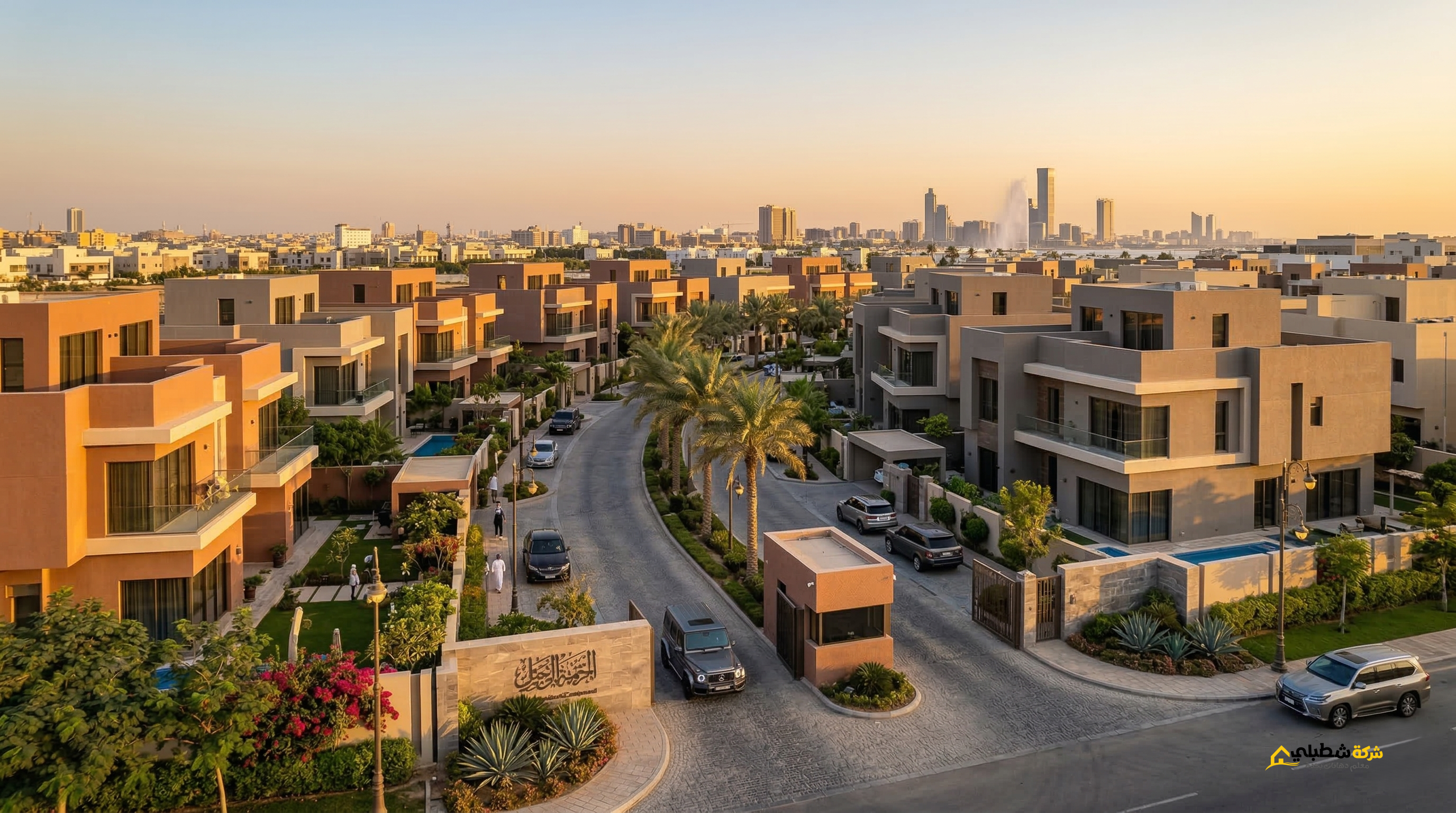 لقطة بانورامية لمجموعة فلل في جدة تم تشطيبها بألوان ترابية متناسقة، تبرز كيف يرفع رش الجرافيت من القيمة الجمالية والسوقية للعقارات.