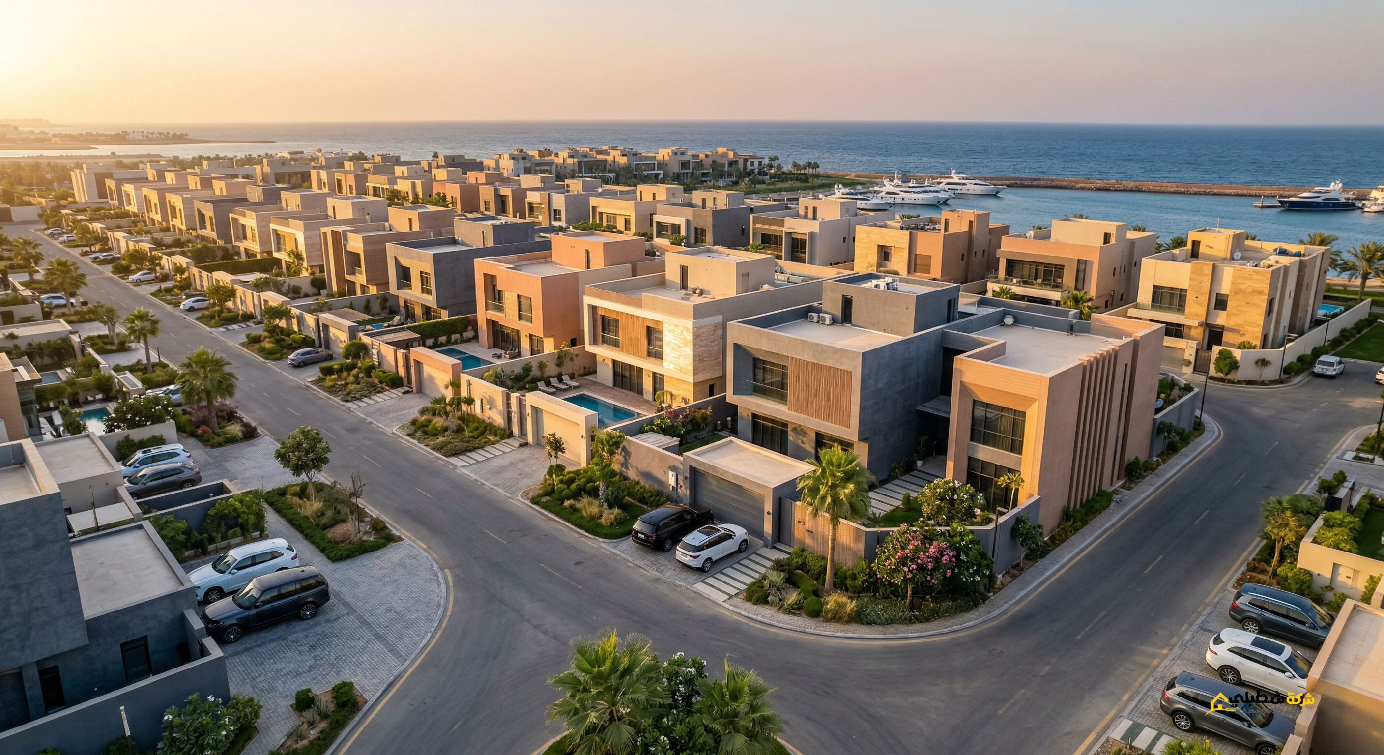 مشهد بانورامي يبرز فخامة الفلل المشطبة بواسطة "شطبلي" في مناطق جدة الساحلية، حيث تتناغم الألوان الترابية للواجهات مع زرقة البحر، مما يعكس الجودة العالية والاحترافية في التنفيذ العمراني.