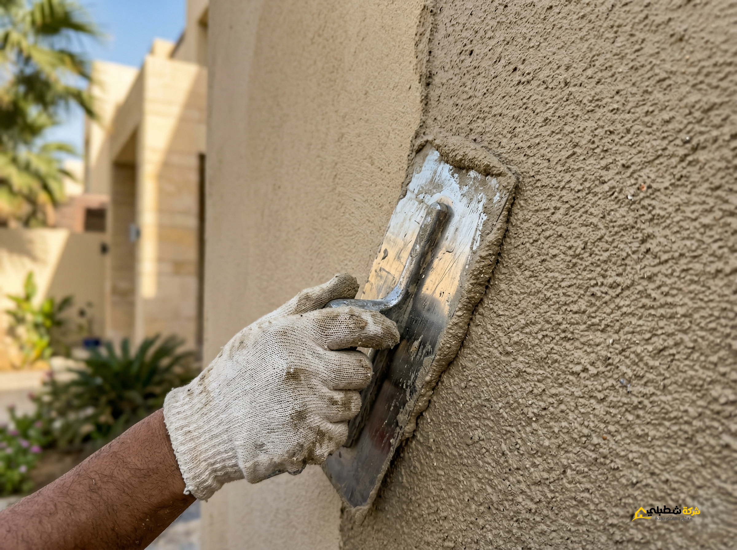 فضل معلم جرافيت بجدة يقوم بتطبيق طبقة الرشة الخارجية باحترافية لضمان جودة الاستلام.