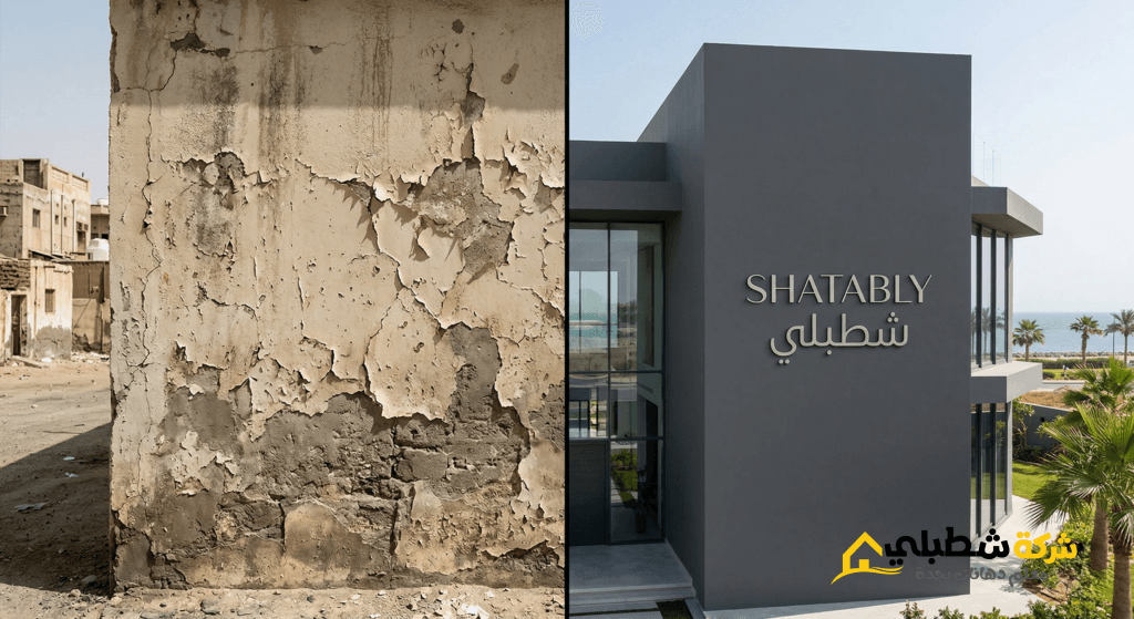 مقارنة قبل وبعد ترميم واجهة فيلا في جدة باستخدام دهان جرافيت شطبلي