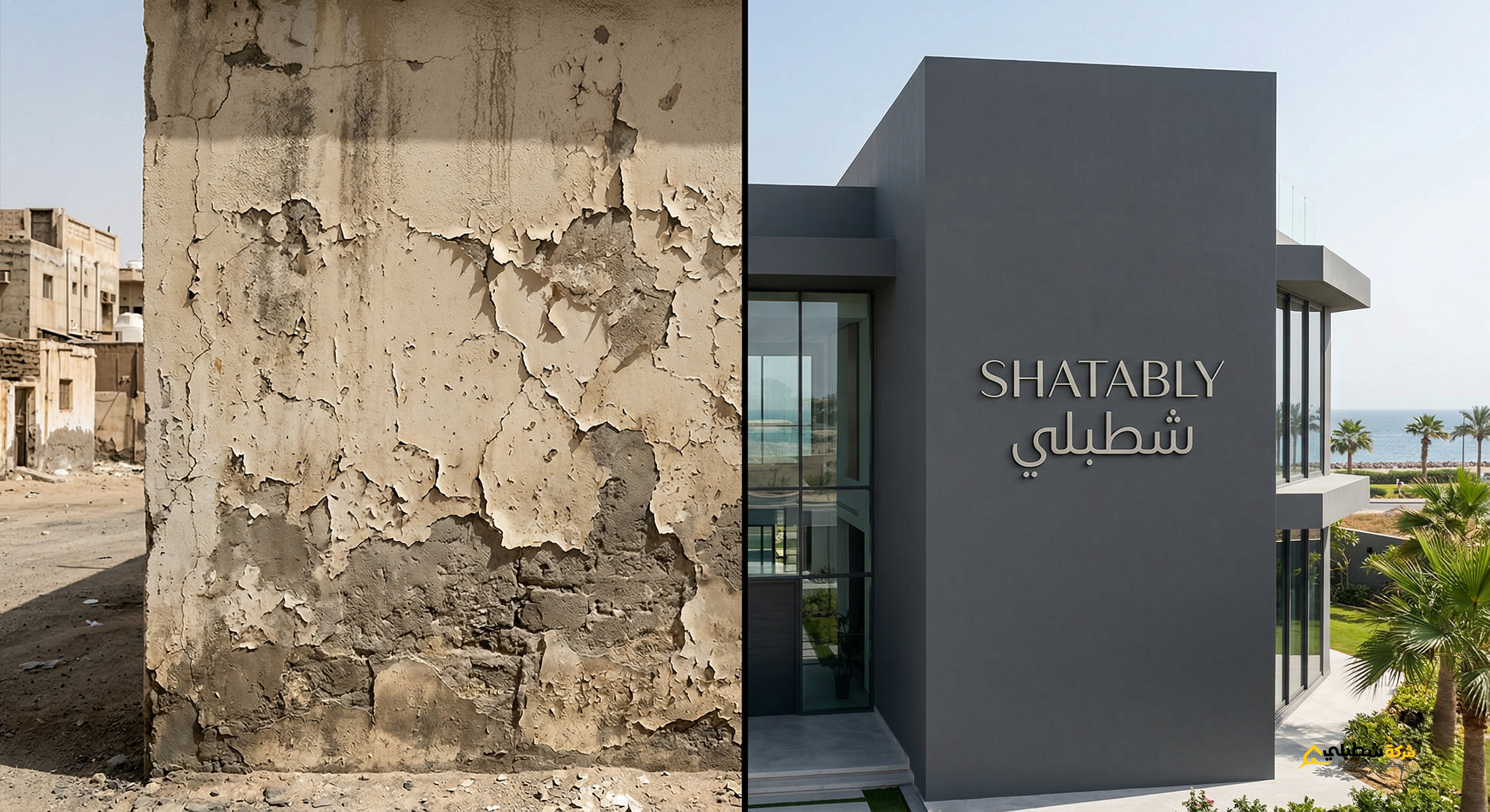 مقارنة قبل وبعد ترميم واجهة فيلا في جدة باستخدام دهان جرافيت شطبلي