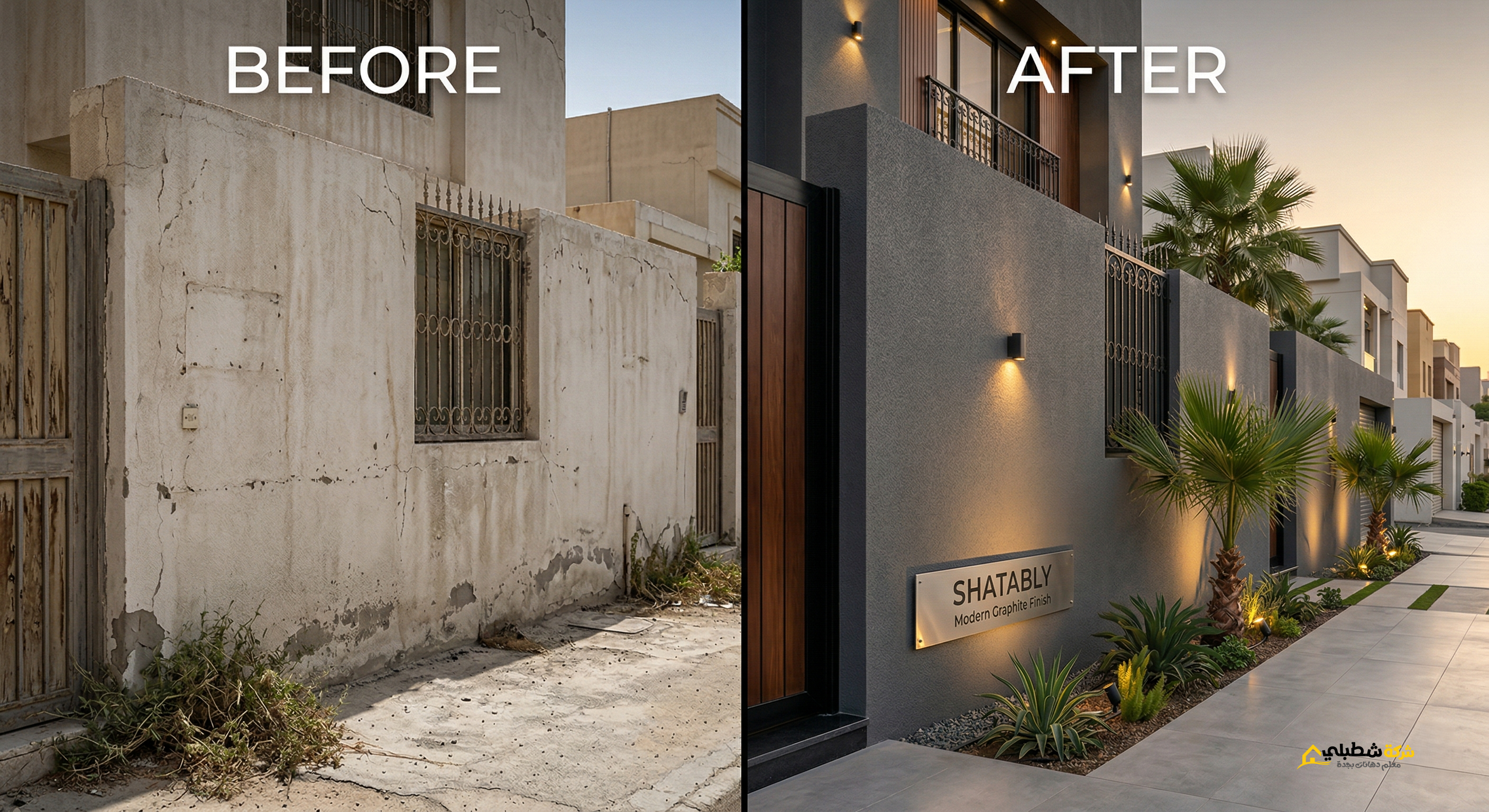 مقارنة قبل وبعد ترميم واجهة فيلا بجدة برشة جرافيت مودرن