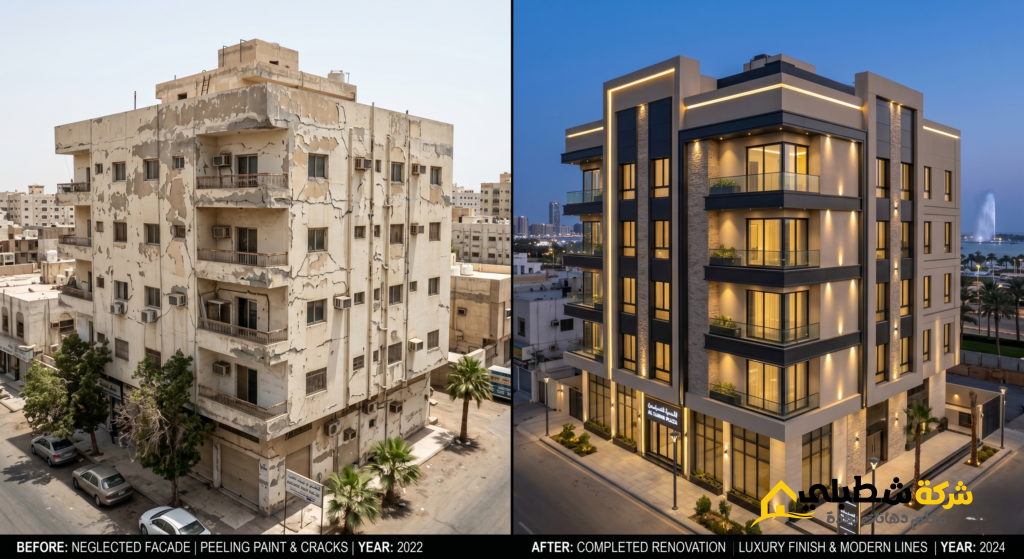 مقارنة بين واجهة عمارة متهالكة بجدة وبين شكلها النهائي بعد التشطيب بدهان جرافيت فاخر وإضاءة مودرن.