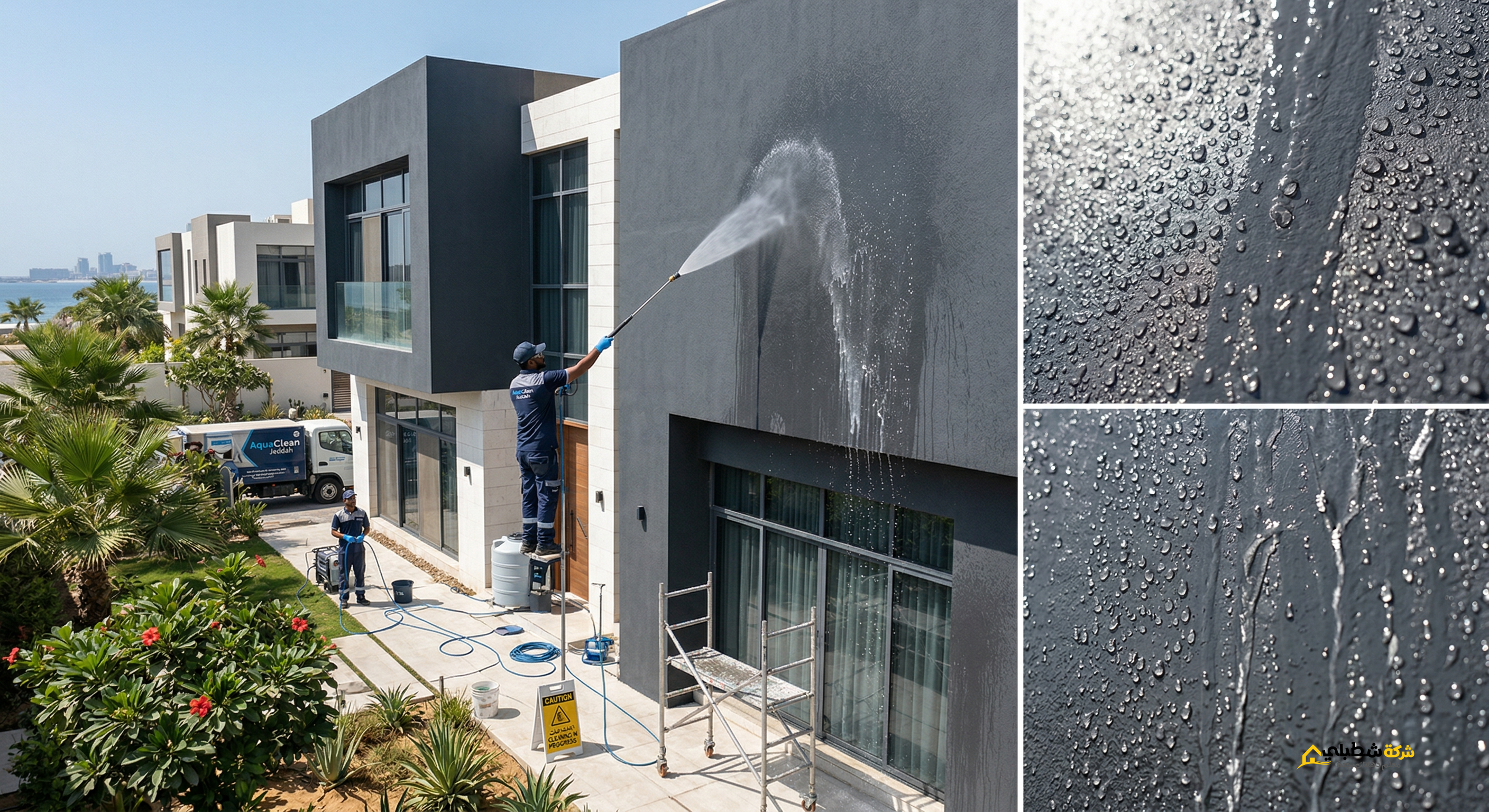 فريق صيانة شطبلي يقوم بغسل واجهة فيلا في جدة بالماء لإظهار ميزة طرد الرطوبة