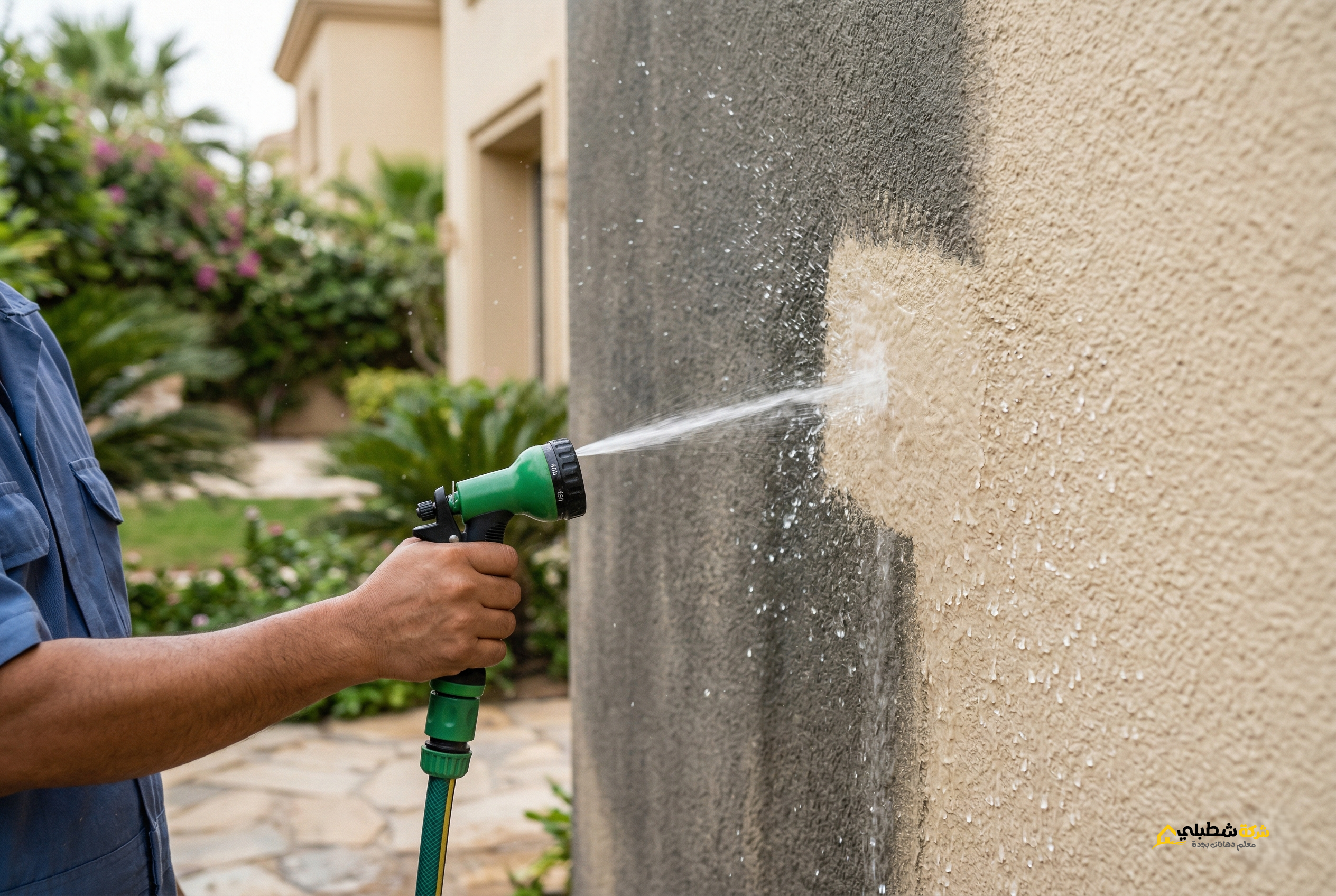 غسل واجهة فيلا مرشوشة بالجرافيت بالماء لإزالة الأتربة وإظهار اللون الأصلي بجدة.