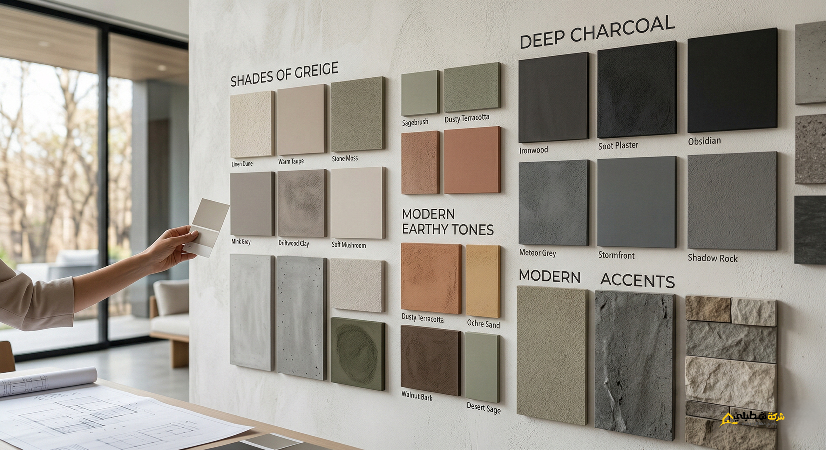 لوحة عينات ألوان دهانات خارجية مودرن تشمل درجات الجريج والرمادي والترابي