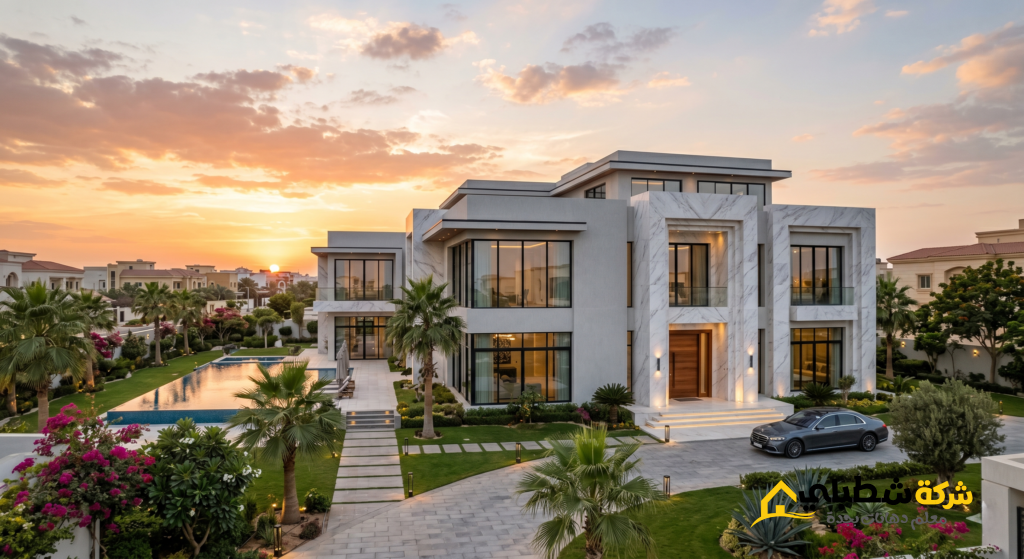 تصميم واجهة فيلا فاخرة بجدة تجمع بين البروفايل الرمادي الفاتح والرخام وقت الغروب.