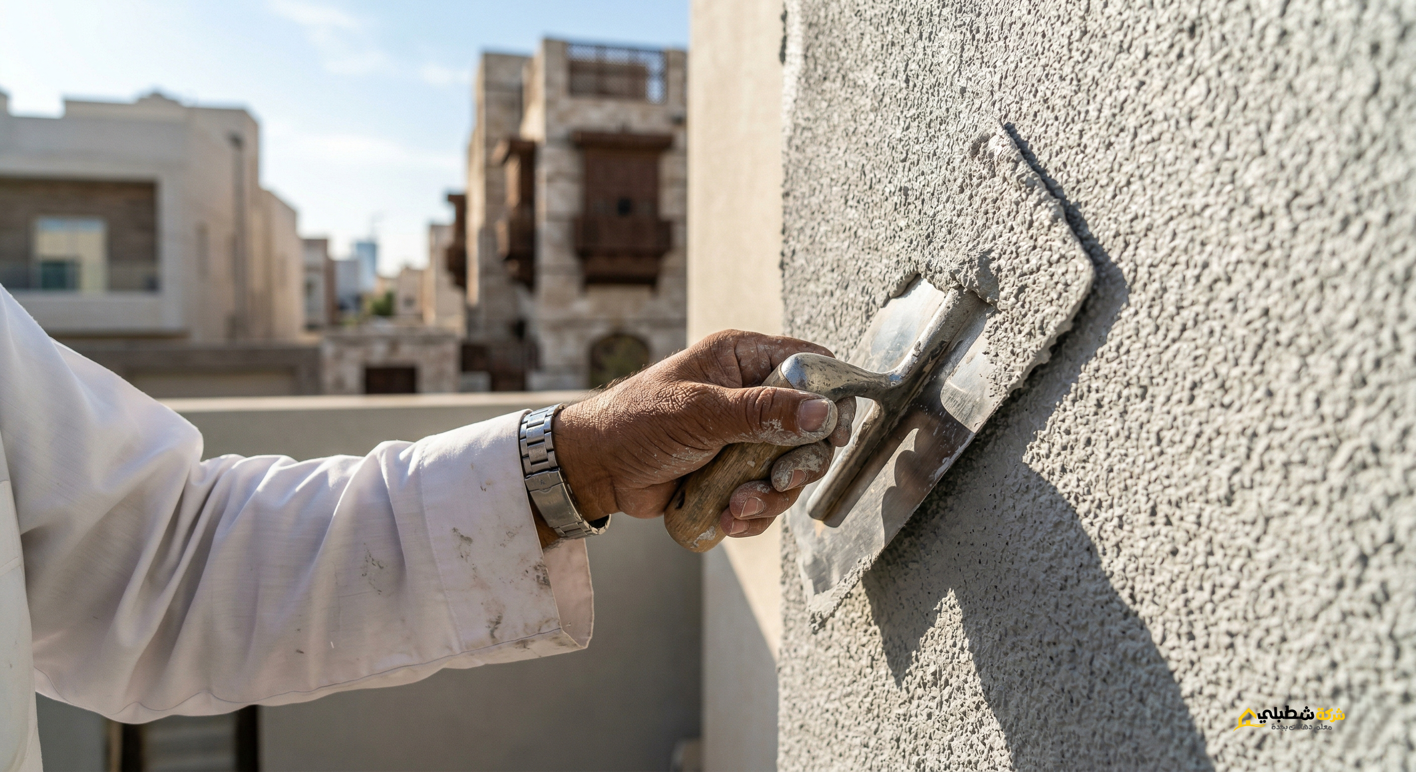 معلم بروفايل في جدة يقوم بفرد دهان البروفايل الرمادي على واجهة فيلا مودرن.