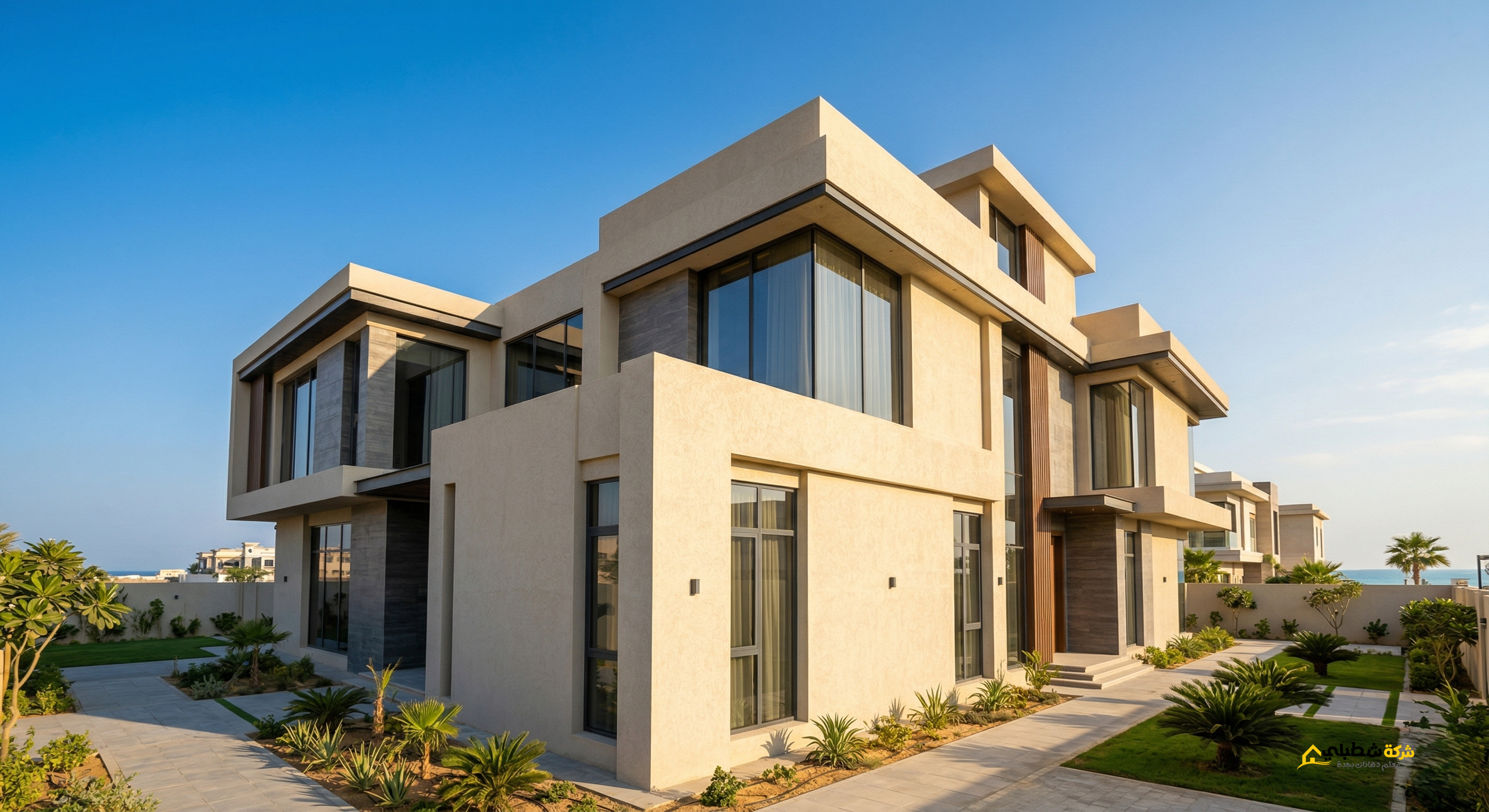 فيلا حديثة في جدة مدهونة جرافيت بيج فاتح من تنفيذ معلم جرافيت واجهات فلل جدة