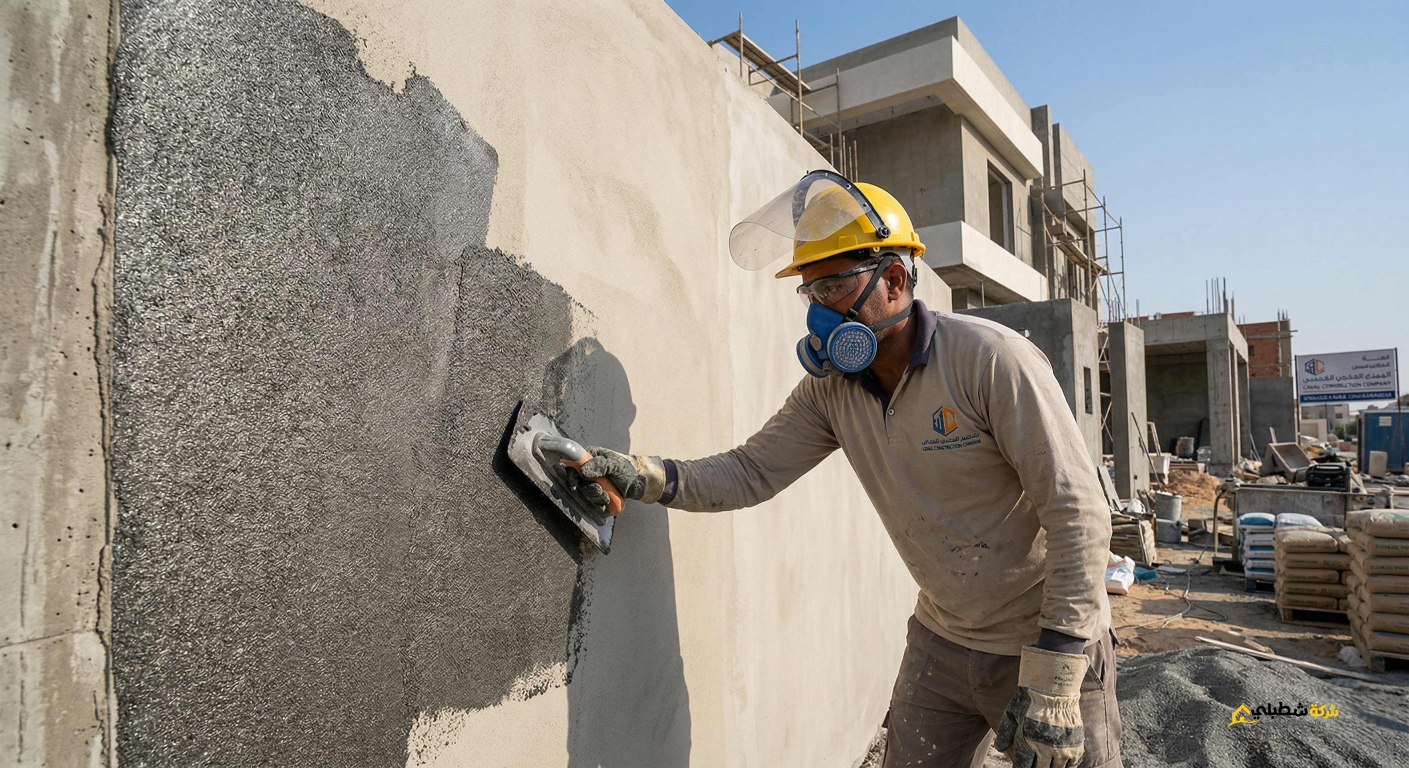 معلم جرافيت في جدة يقوم بفرد المادة على واجهة فيلا باستخدام أدوات احترافية