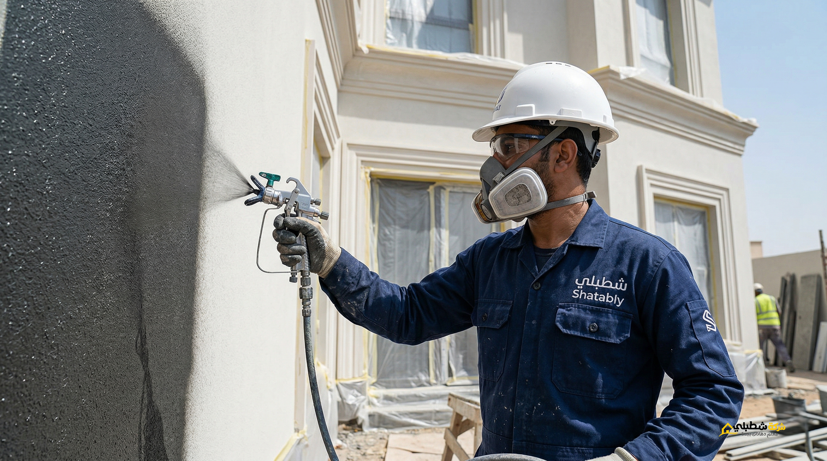 فني شركة شطبلي يستخدم ماكينة الرش الحديثة لتنفيذ دهان واجهة فيلا في جدة باحترافية.