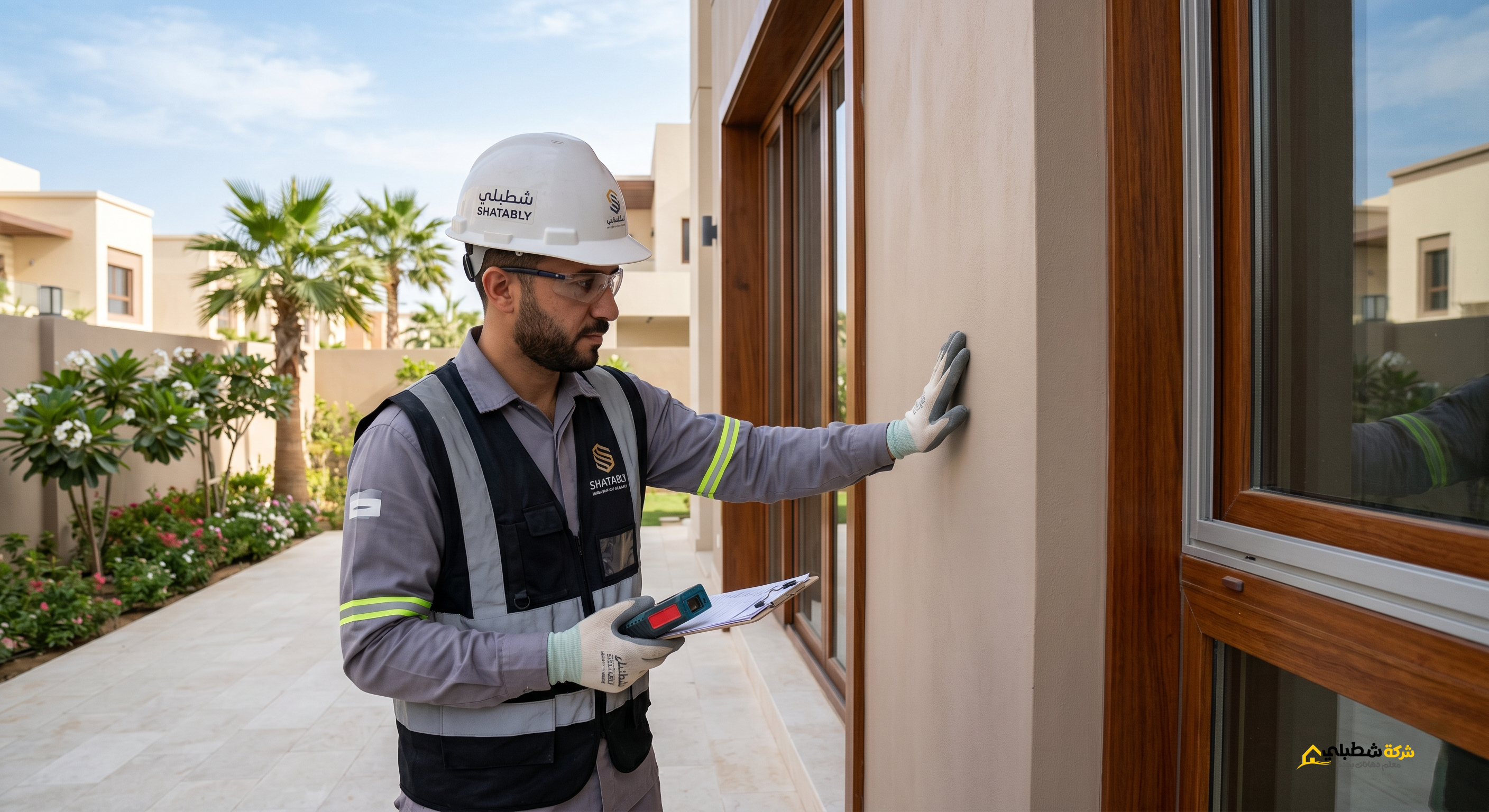 فني دهانات شطبلي يفحص جودة دهان البروفايل ليتاكد انة افضل دهان واجهات فلل بروفايل بجدة