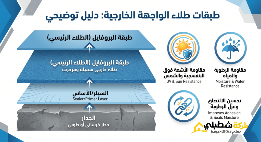 إنفوجرافيك يوضح طبقات تأسيس دهان البروفايل (السيلر والطلاء الرئيسي) لمقاومة الرطوبة.