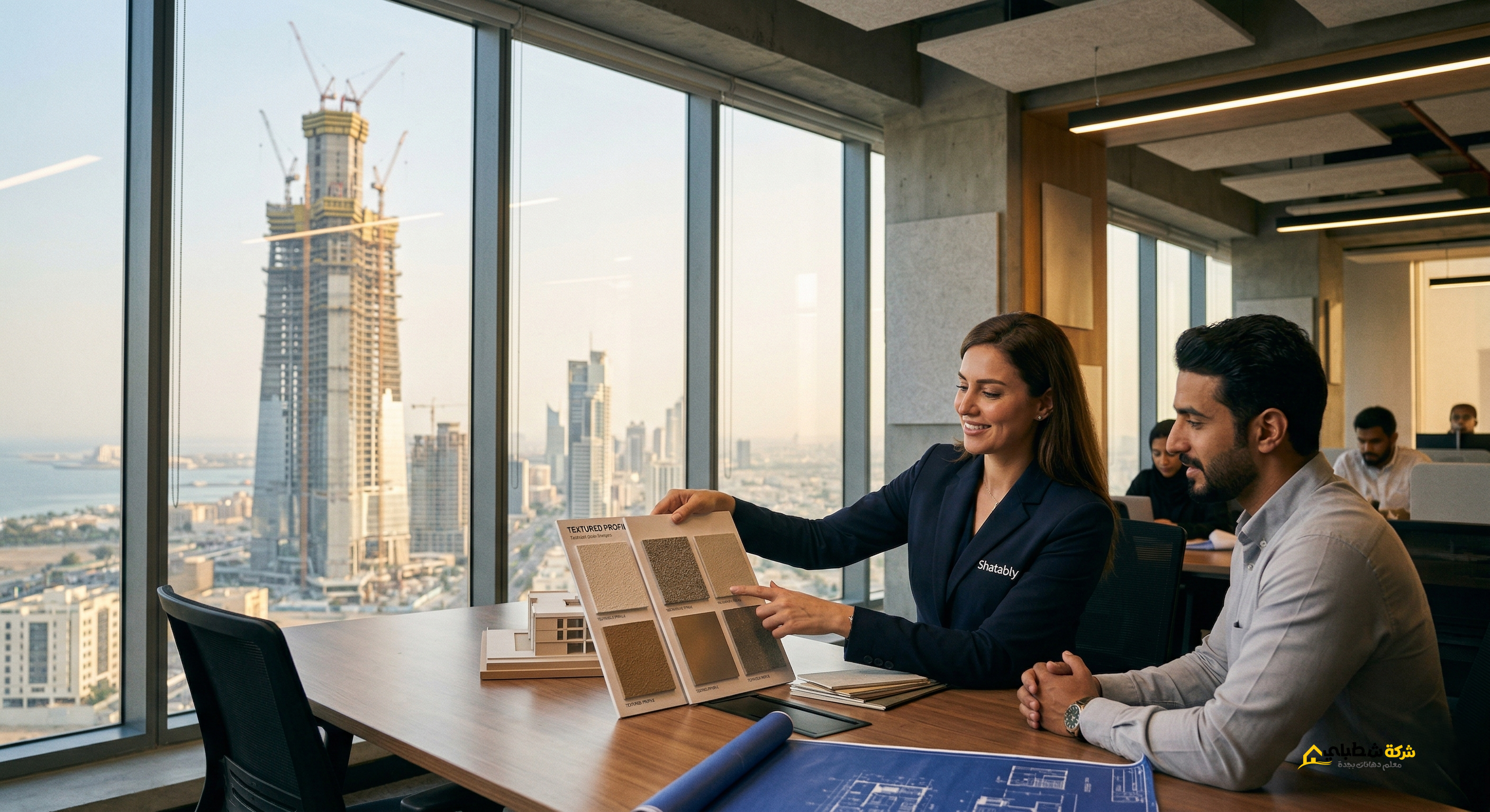 جلسة استشارة فنية في مكتب شطبلي بجدة لاختيار ألوان واجهات الفلل