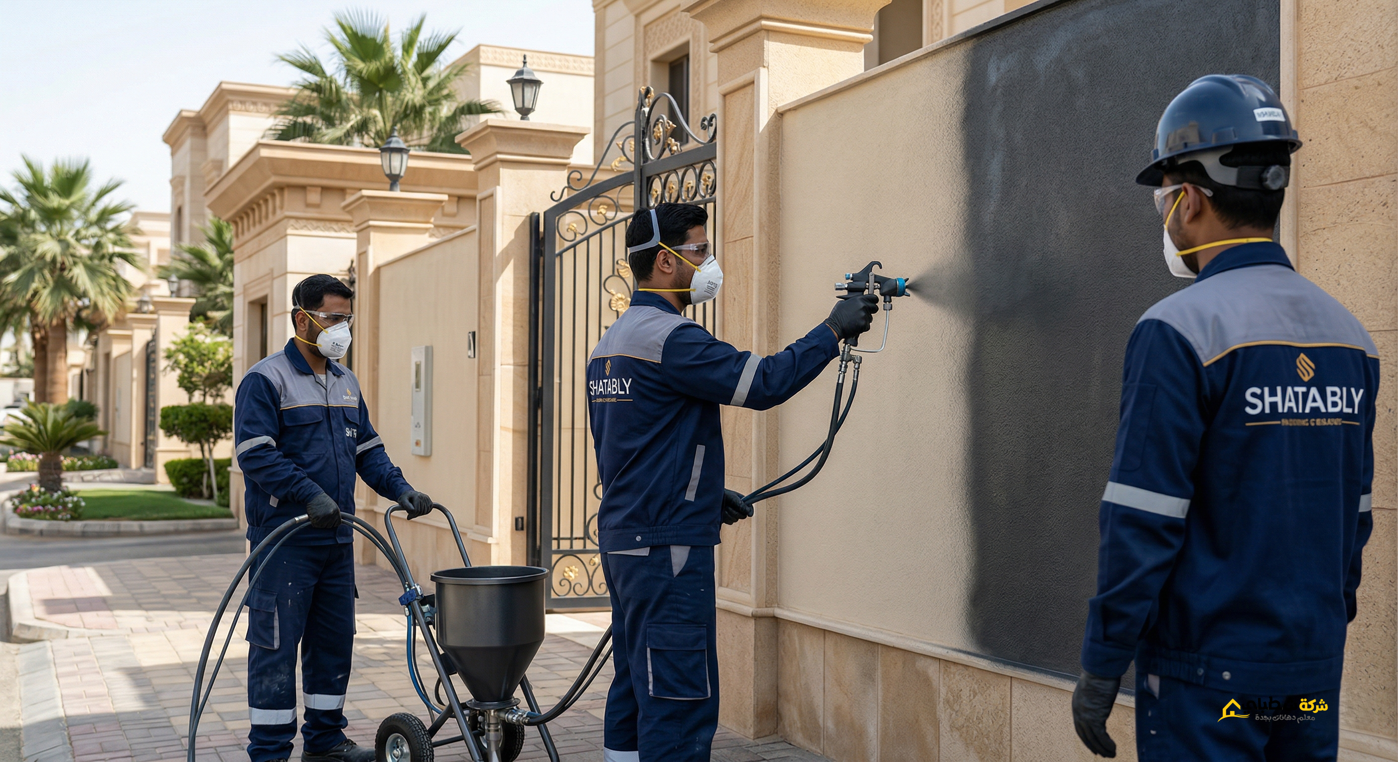 أفضل دهان واجهات فلل في جدة 2026 فريق شطبلي أثناء العمل