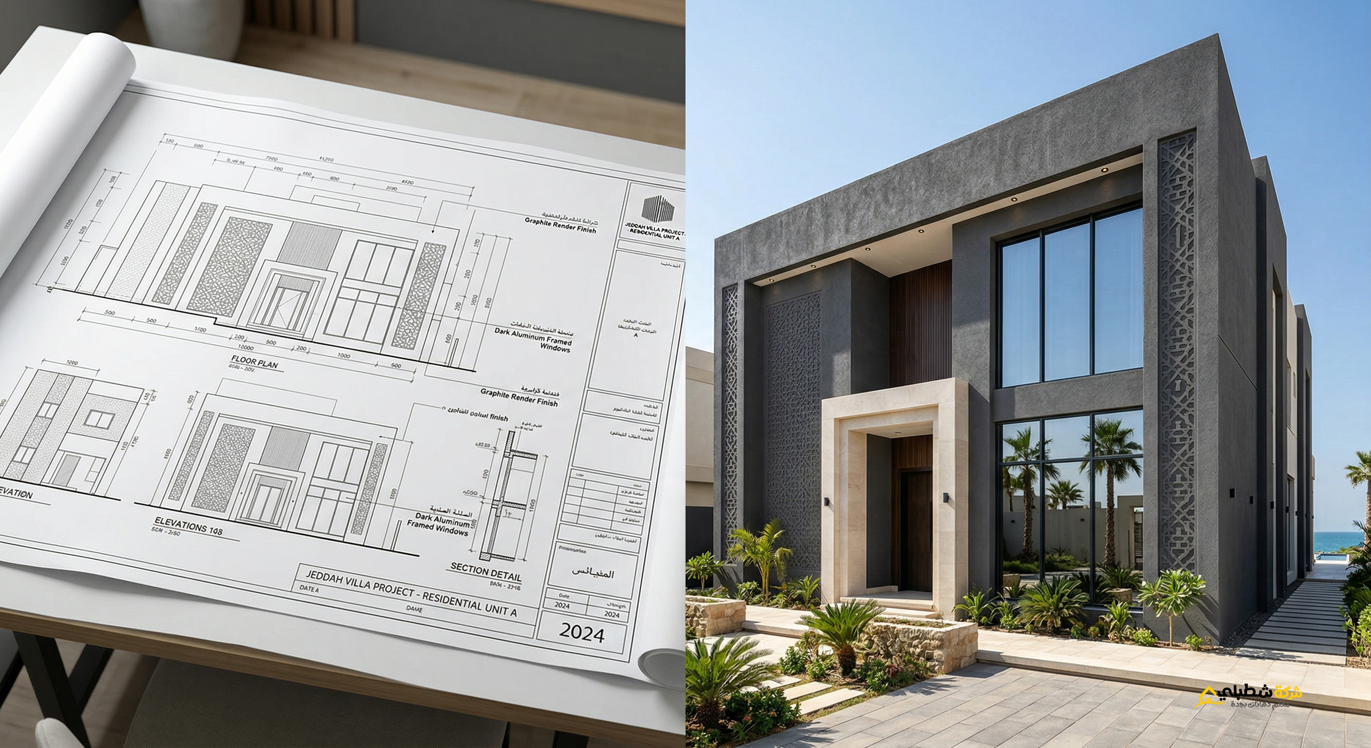 مقارنة بين مخطط هندسي لواجهة فيلا وتنفيذ حقيقي لدهان جرافيت فخم من شطبلي